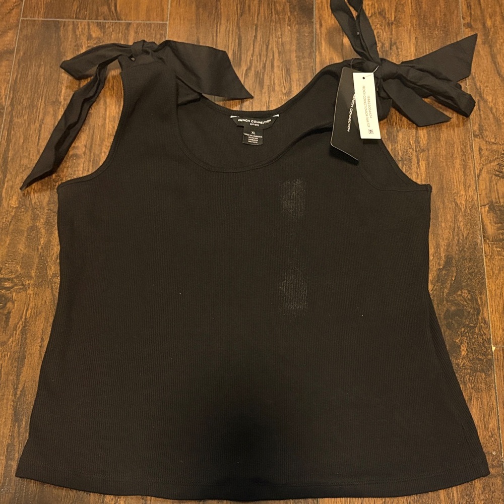 French Connection Black Tie-Shoulder Ribbed Tank